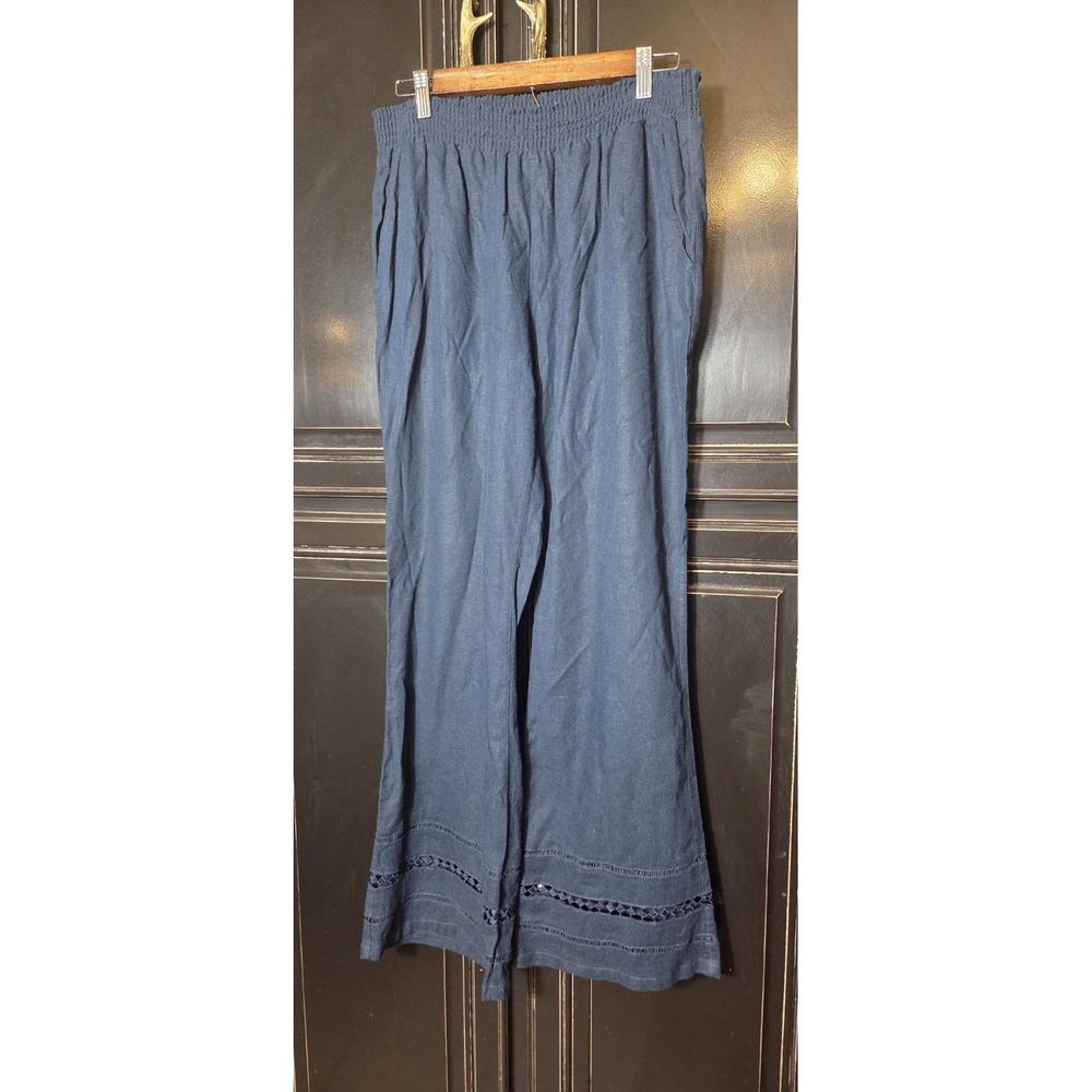 Be Bop XL Linen Blend Blue Pants, Pull On ,cut Out Design On Hem